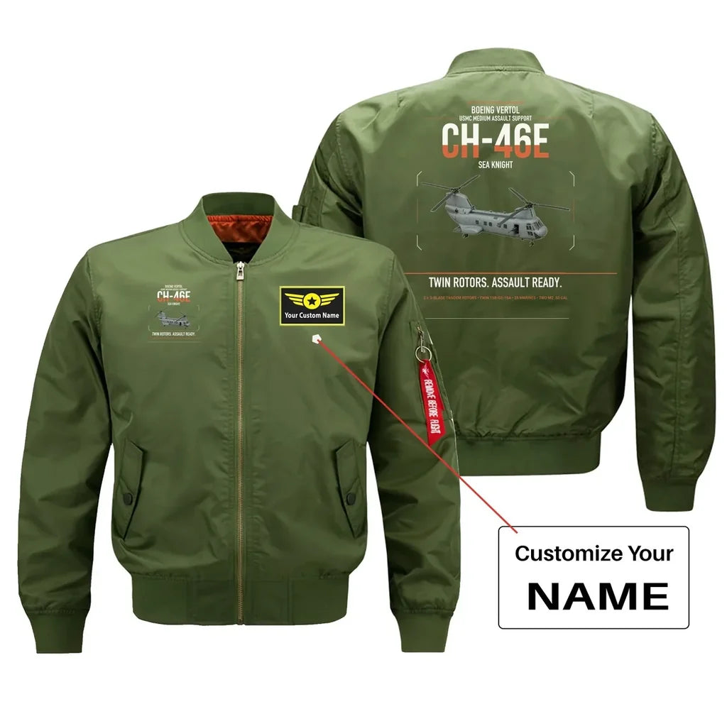 Boeing Vertol CH-46E Sea Knight design on green+name bomber jacket, double-side print