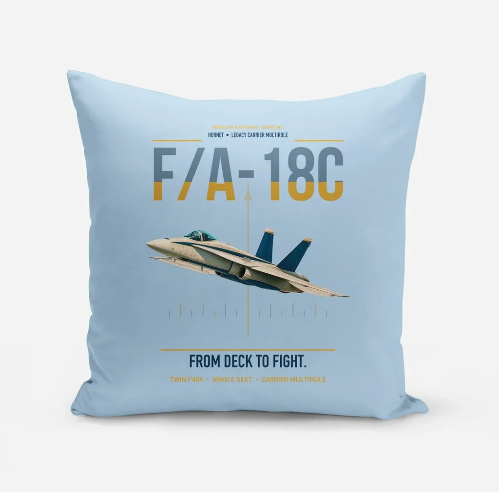 F-A-18C Hornet design on light blue pillow