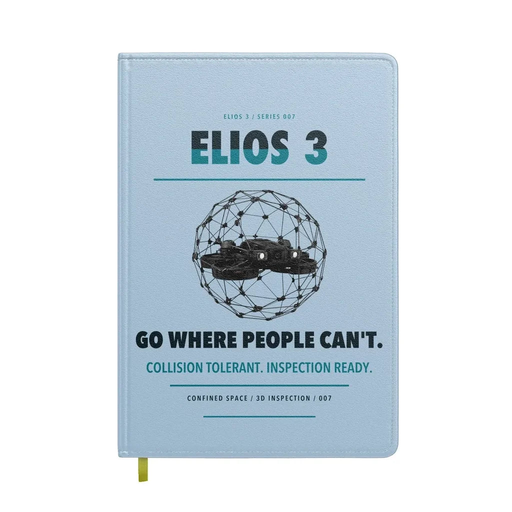 Flyability Elios 3 design on light blue notebook