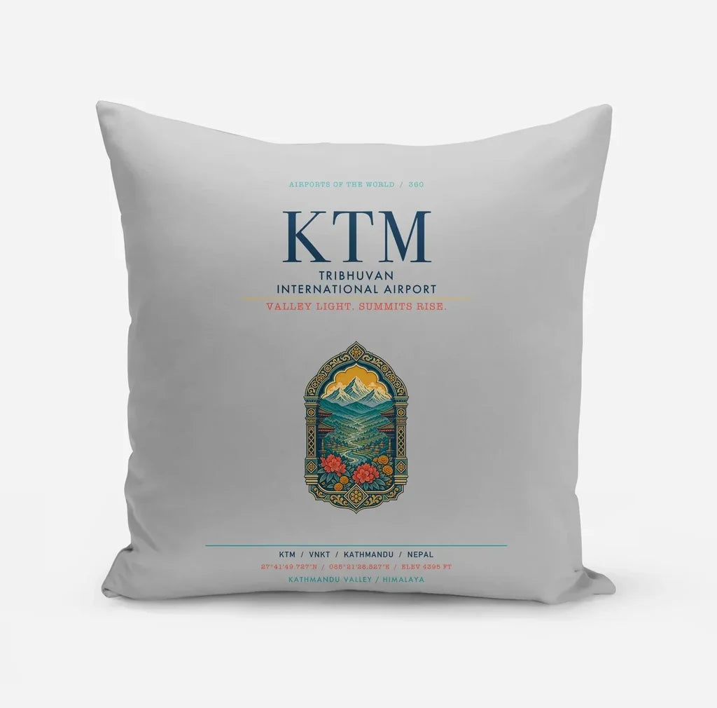 Tribhuvan International Airport Kathmandu (KTM) design on light gray pillow