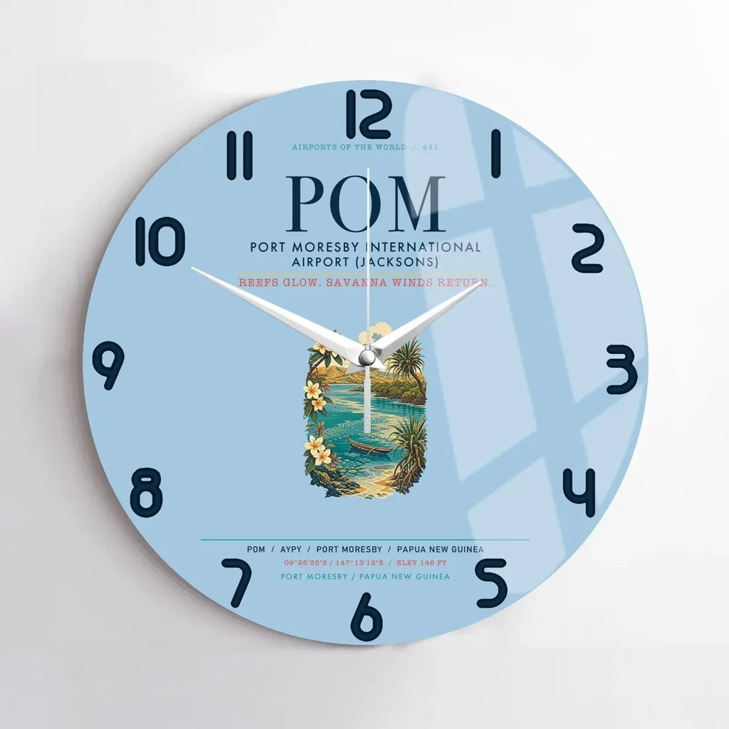 Port Moresby International Airport (POM) design on light blue no frame wall clock
