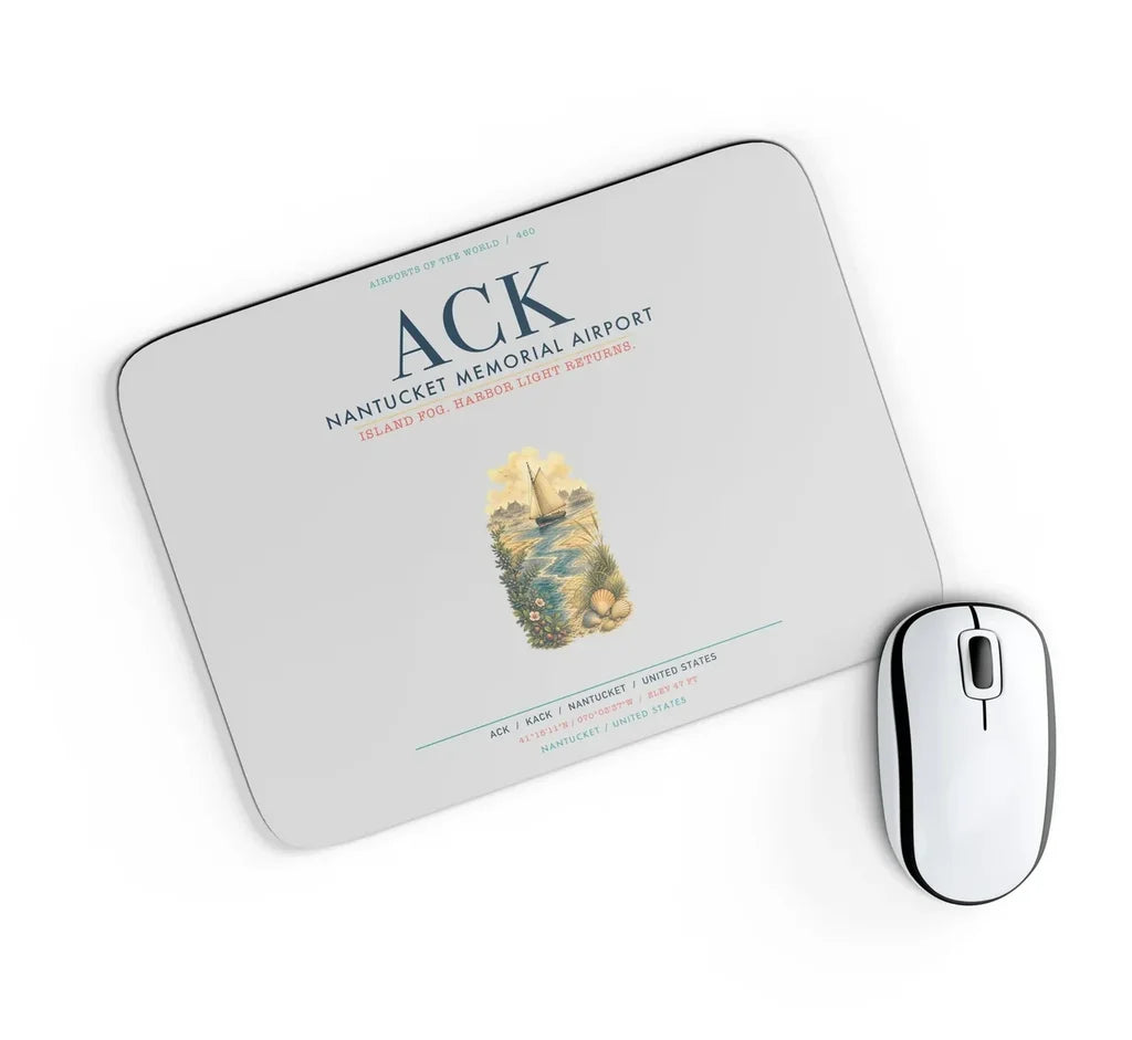 Nantucket Memorial Airport (ACK) design on light gray rectangle mouse pad