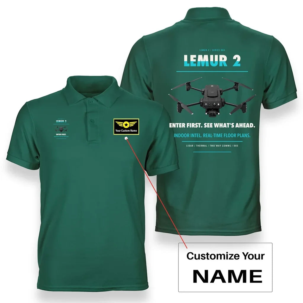 BRINC LEMUR 2 design on green polo with custom name badge