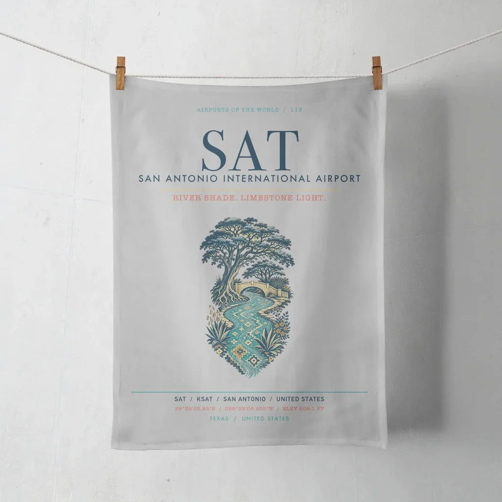 San Antonio International Airport (SAT) design on light gray towel