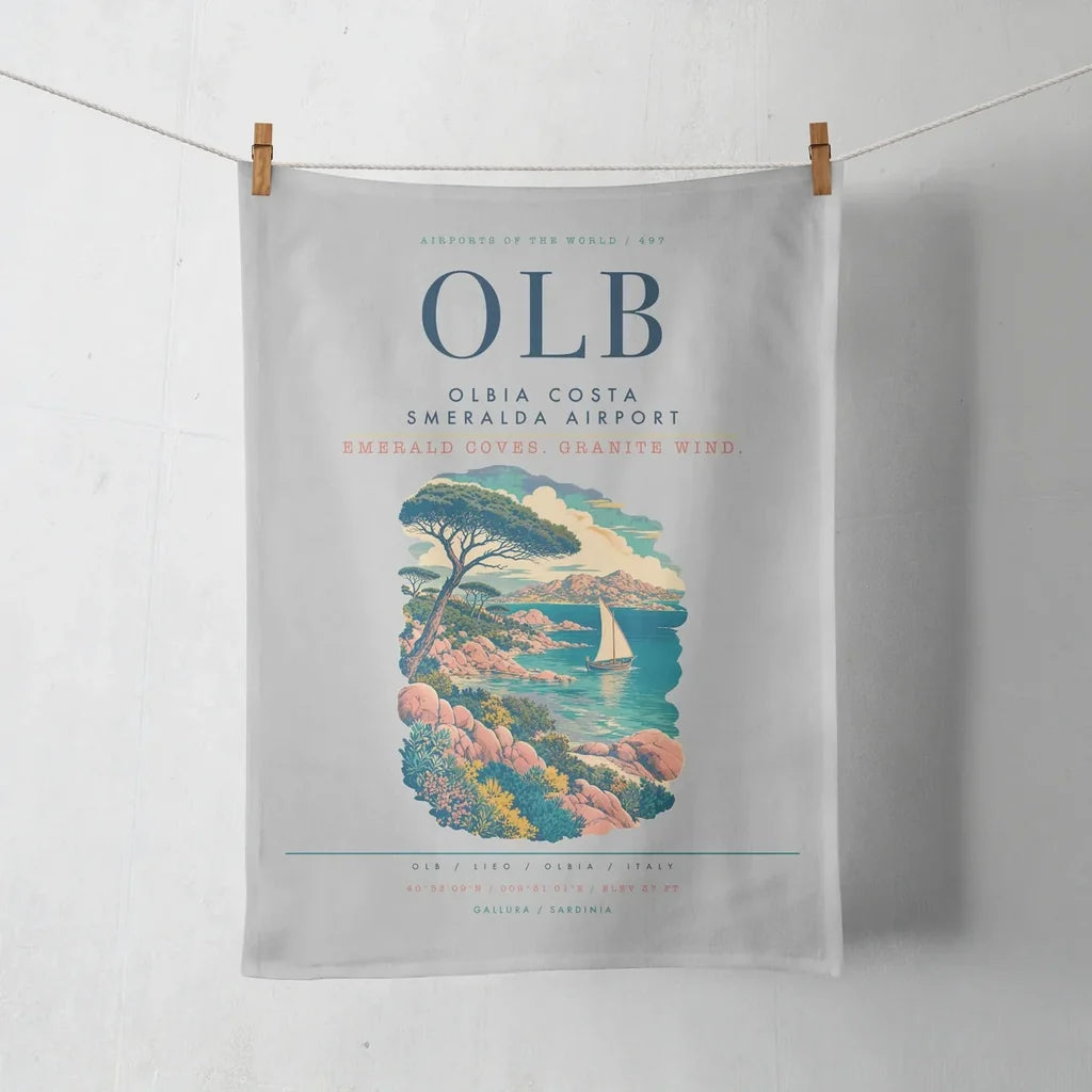 Olbia Costa Smeralda Airport (OLB) design on light gray towel