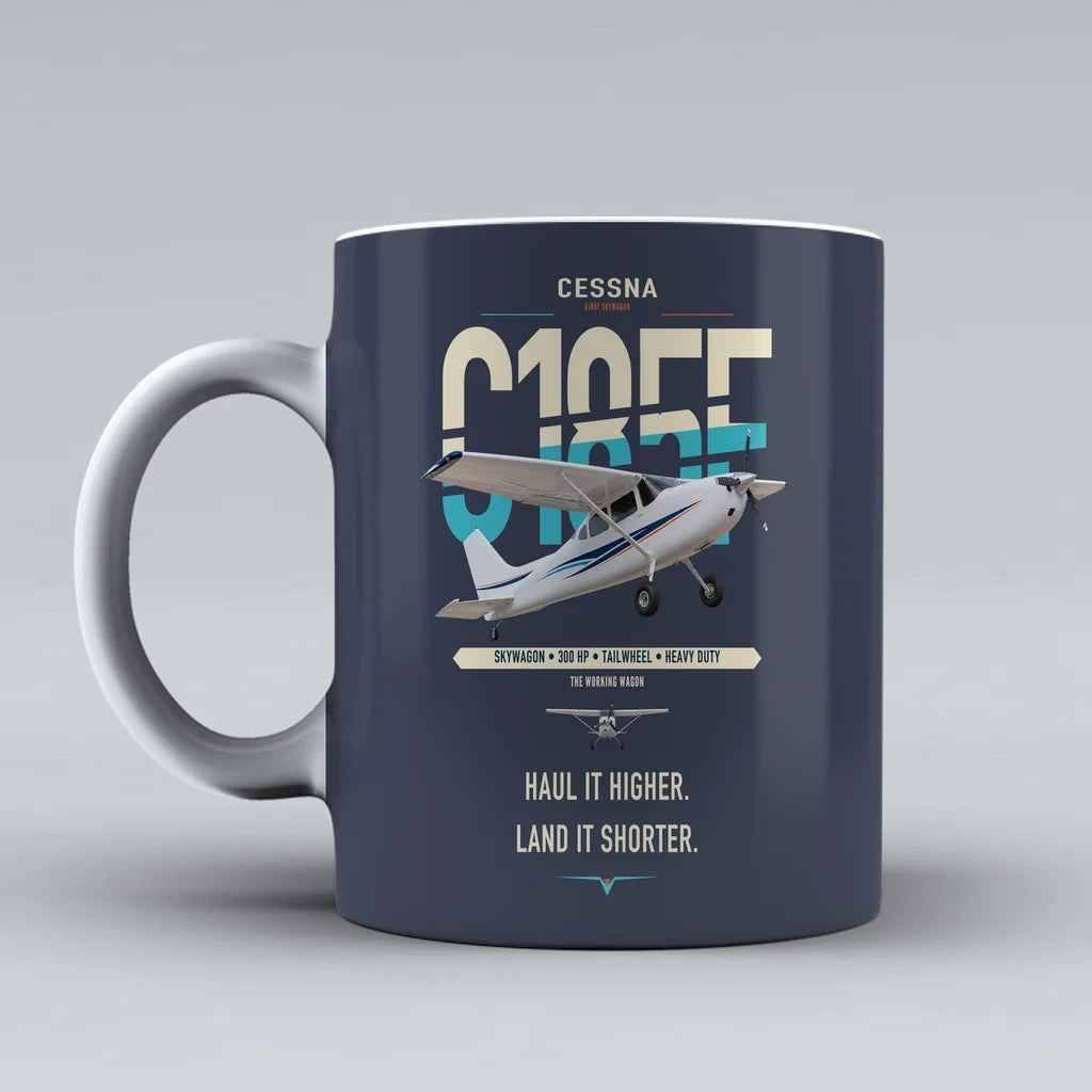 Cessna A185F Skywagon design on dark blue ceramic mug, double-side print