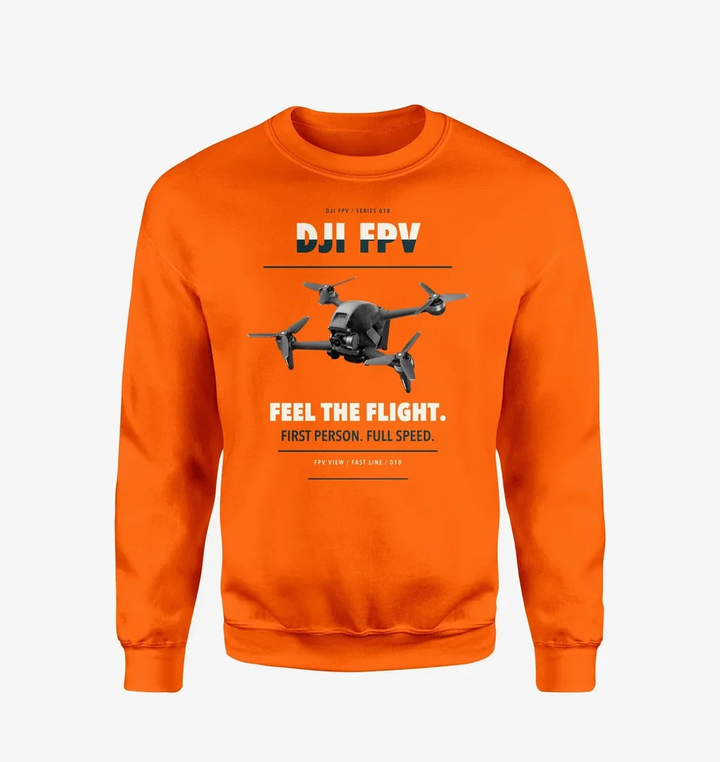 DJI FPV design on orange sweatshirt