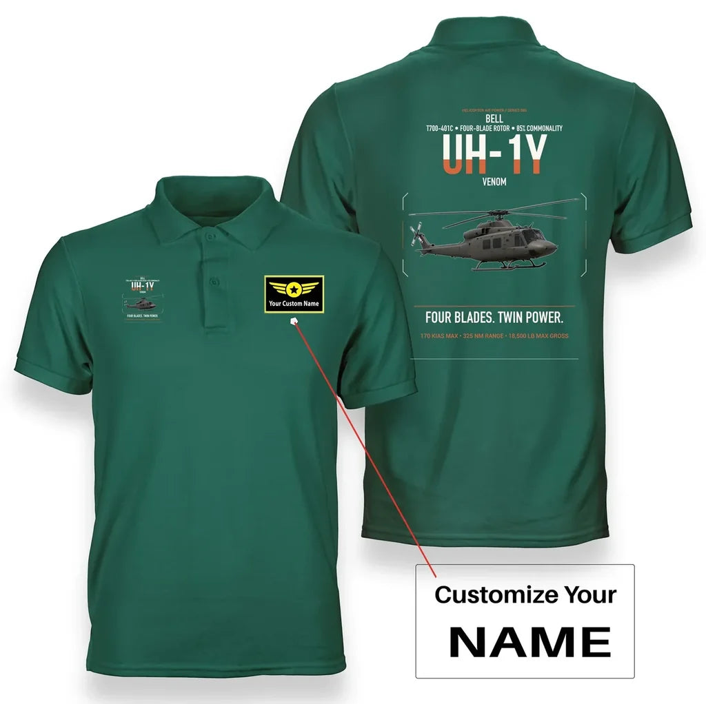 Bell UH-1Y Venom design on green+name double-side polo t-shirt, double-side print