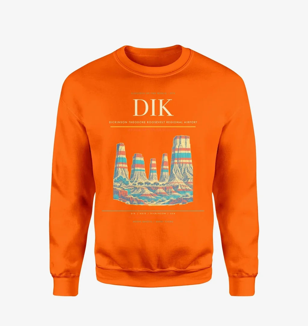 Dickinson Theodore Roosevelt Regional Airport (DIK) design on orange sweatshirt