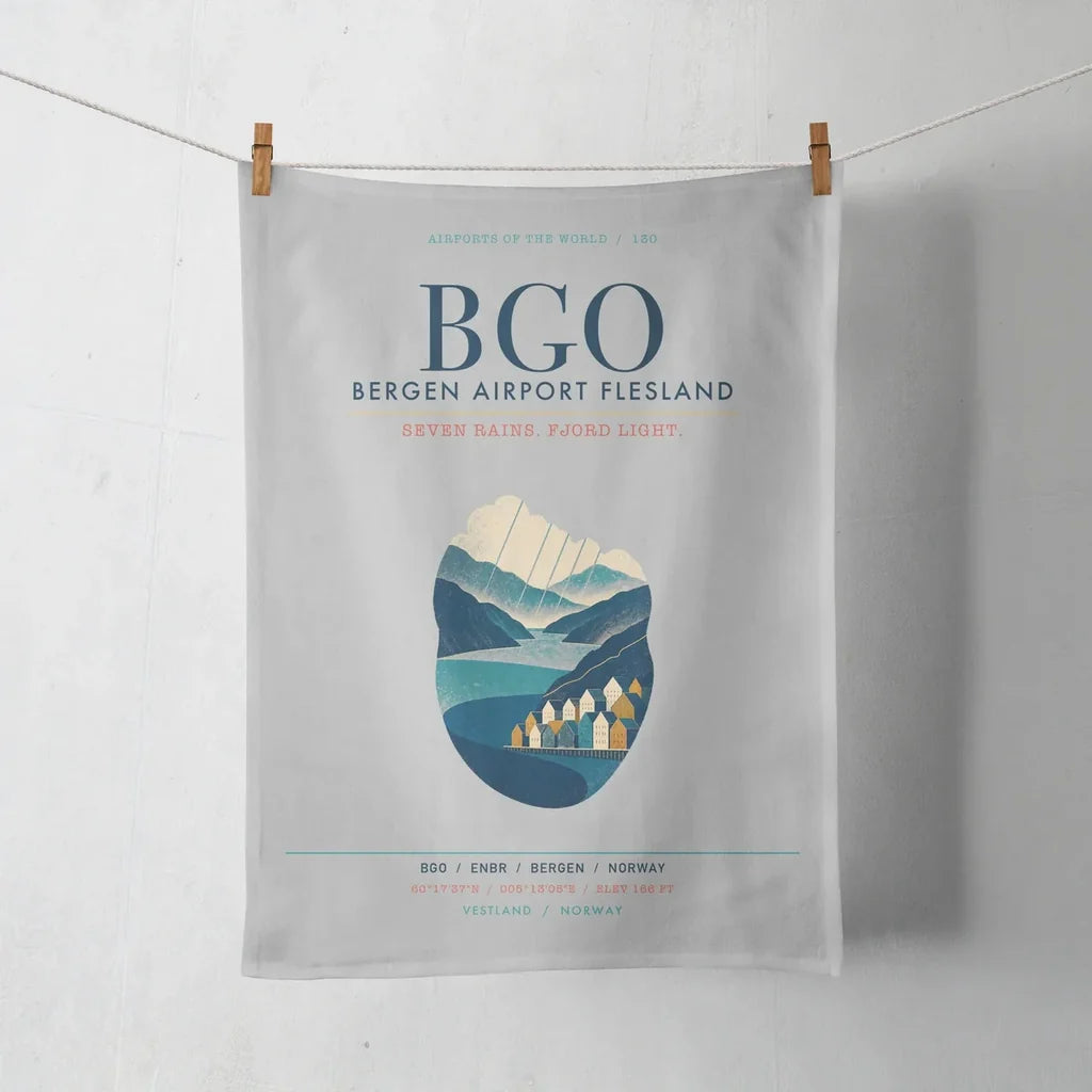 Bergen Airport Flesland (BGO) design on light gray towel