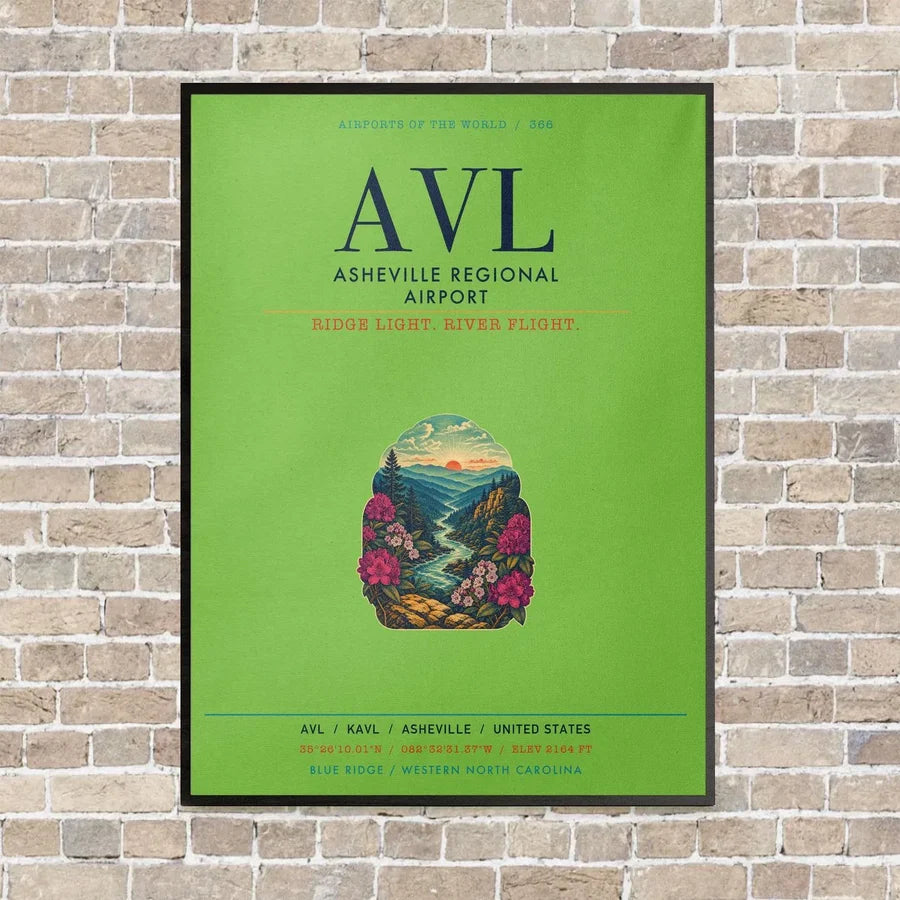 Asheville Regional Airport AVL vertical canvas print - framed - light green background