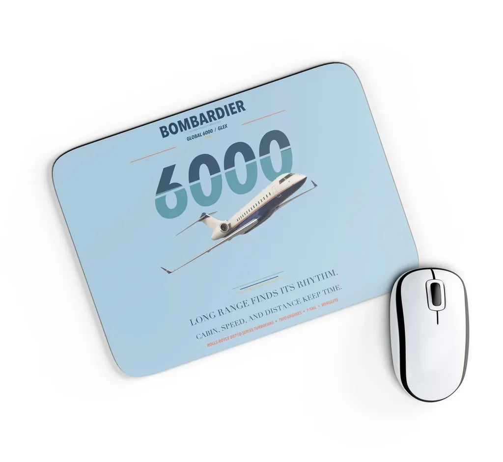 Bombardier Global 6000 design on light blue rectangle mouse pad