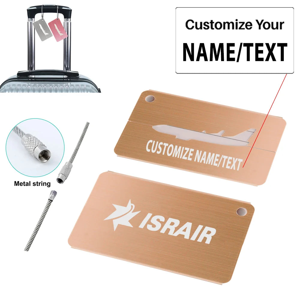 Israir Airlines Aluminum Airplane Luggage tag, Gold + NAME