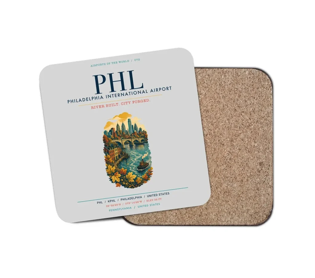 Philadelphia International Airport (PHL) design on light gray 1 piece coaster