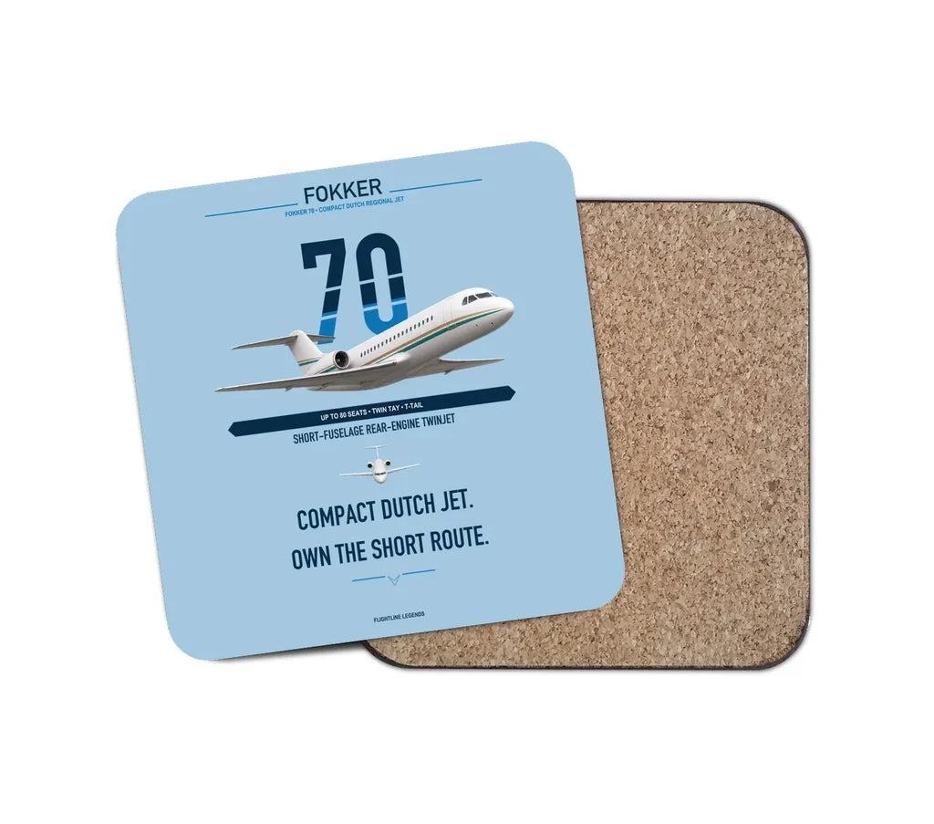 Fokker 70 design on light blue 1 piece coaster