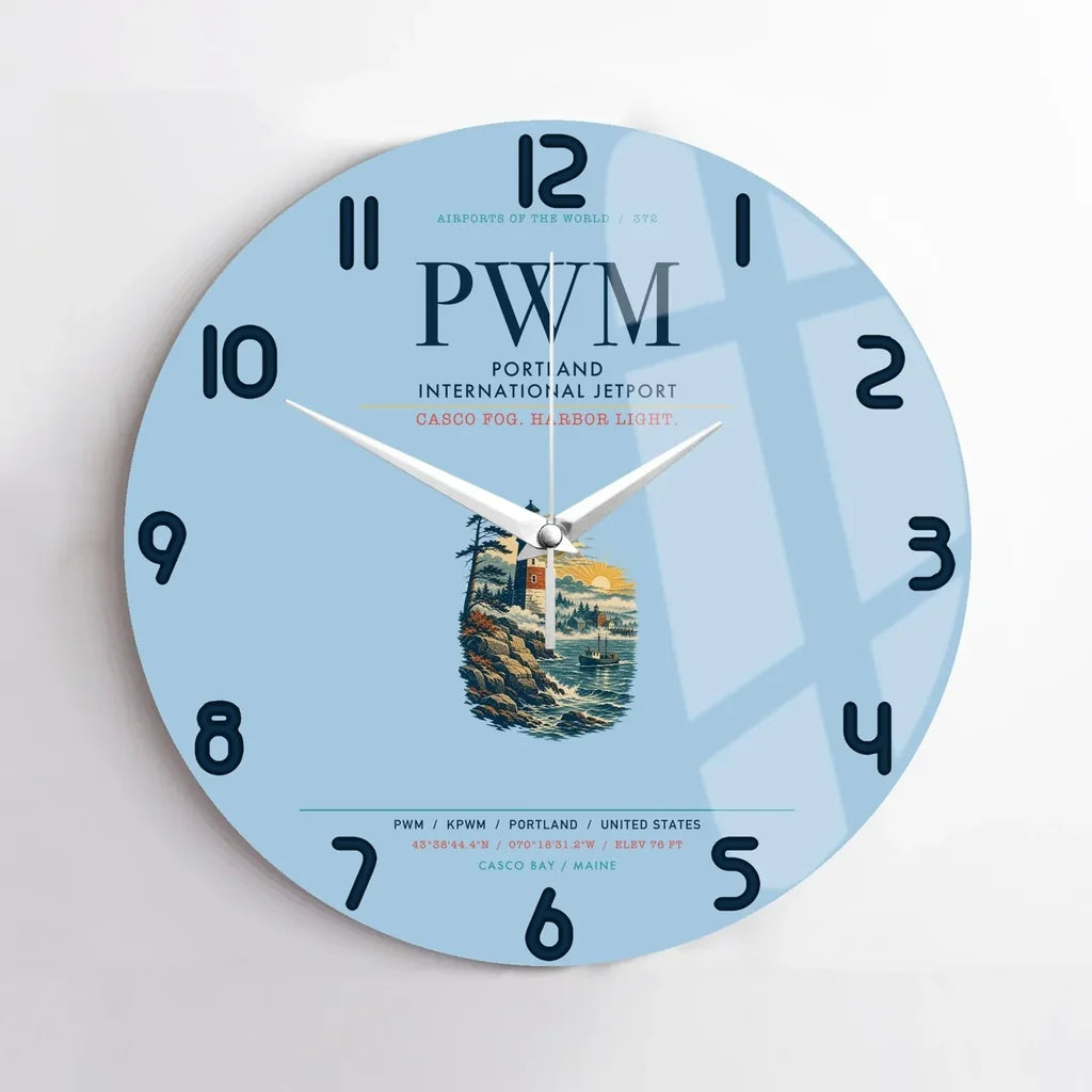 Portland International Jetport (PWM) design on light blue no frame wall clock