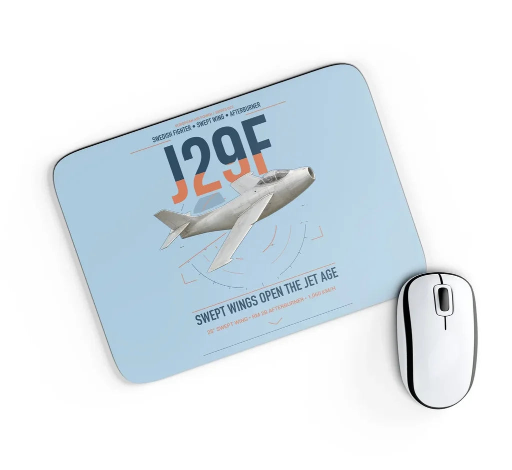 Saab J 29F Tunnan design on light blue rectangle mouse pad