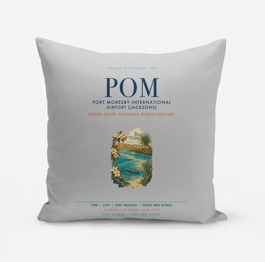 Port Moresby International Airport (POM) design on light gray pillow