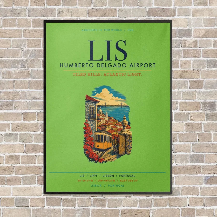 Lisbon Humberto Delgado Airport LIS vertical canvas print - framed - light green background