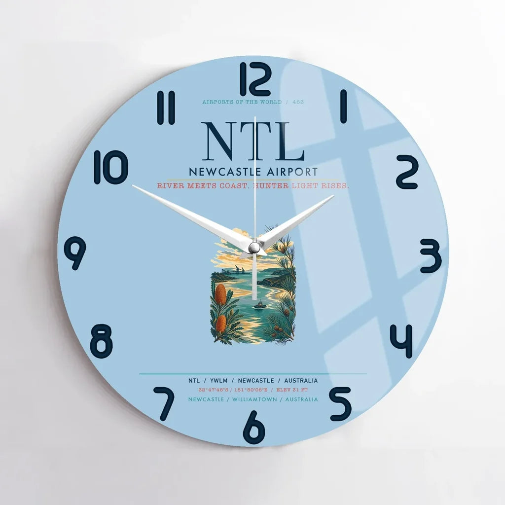 Newcastle Airport (NTL) design on light blue no frame wall clock