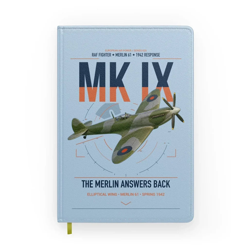 Supermarine Spitfire Mk IX design on light blue notebook