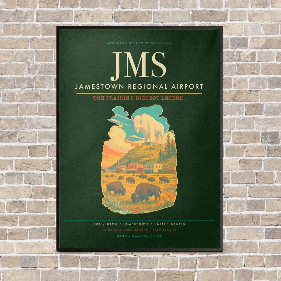 Jamestown Regional Airport JMS vertical canvas print - framed - dark green background