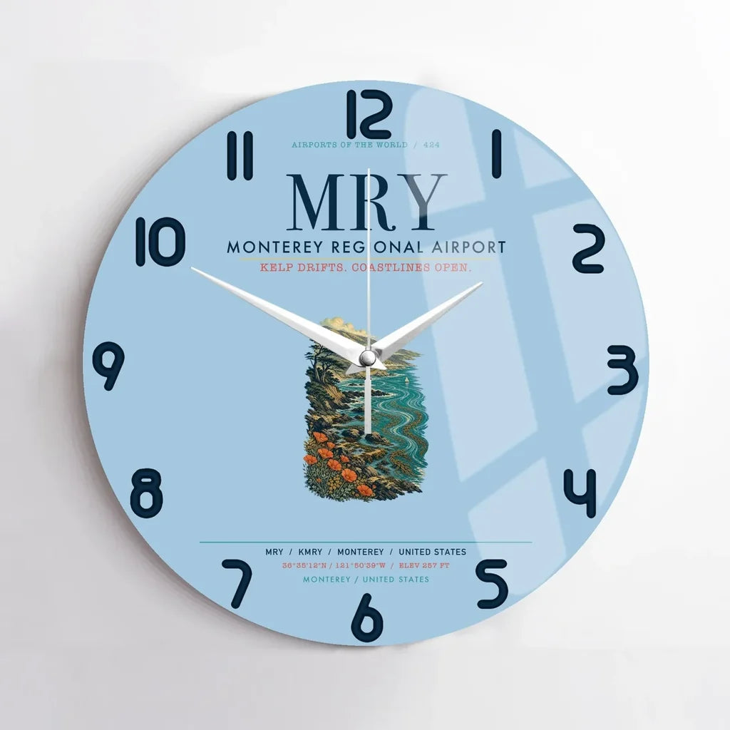 Monterey Regional Airport (MRY) design on light blue no frame wall clock
