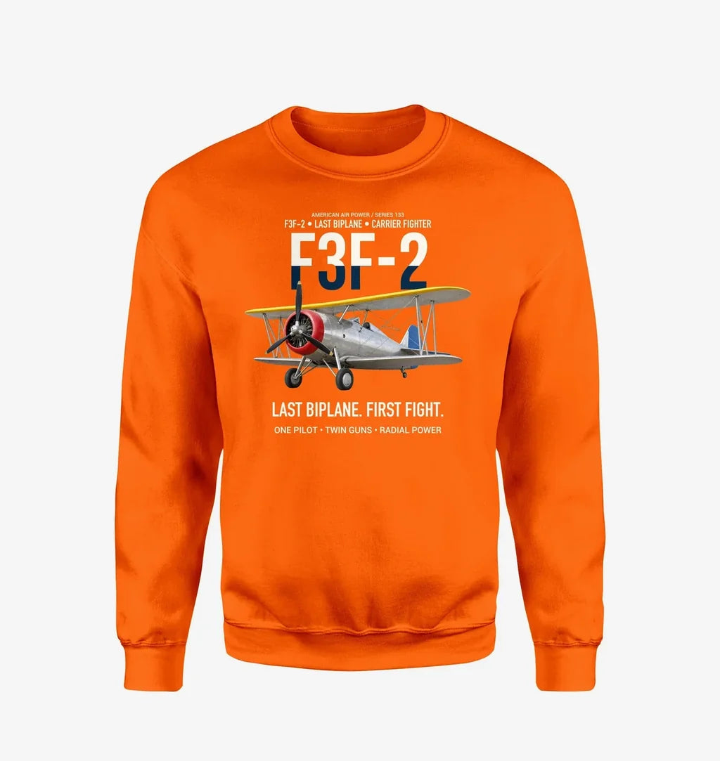 F3F-2 Last Biplane First Fight design on orange sweatshirt