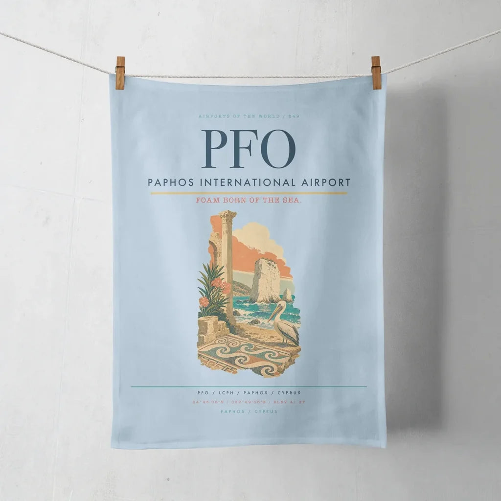 Paphos International Airport (PFO) design on light blue towel