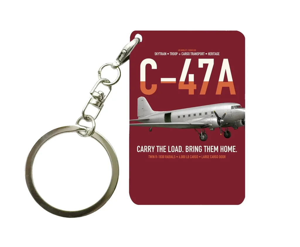 C-47A Skytrain design on dark red designed key chain, double-side print