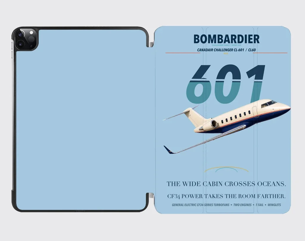 Bombardier Challenger 601 design on light blue ipad tablet case
