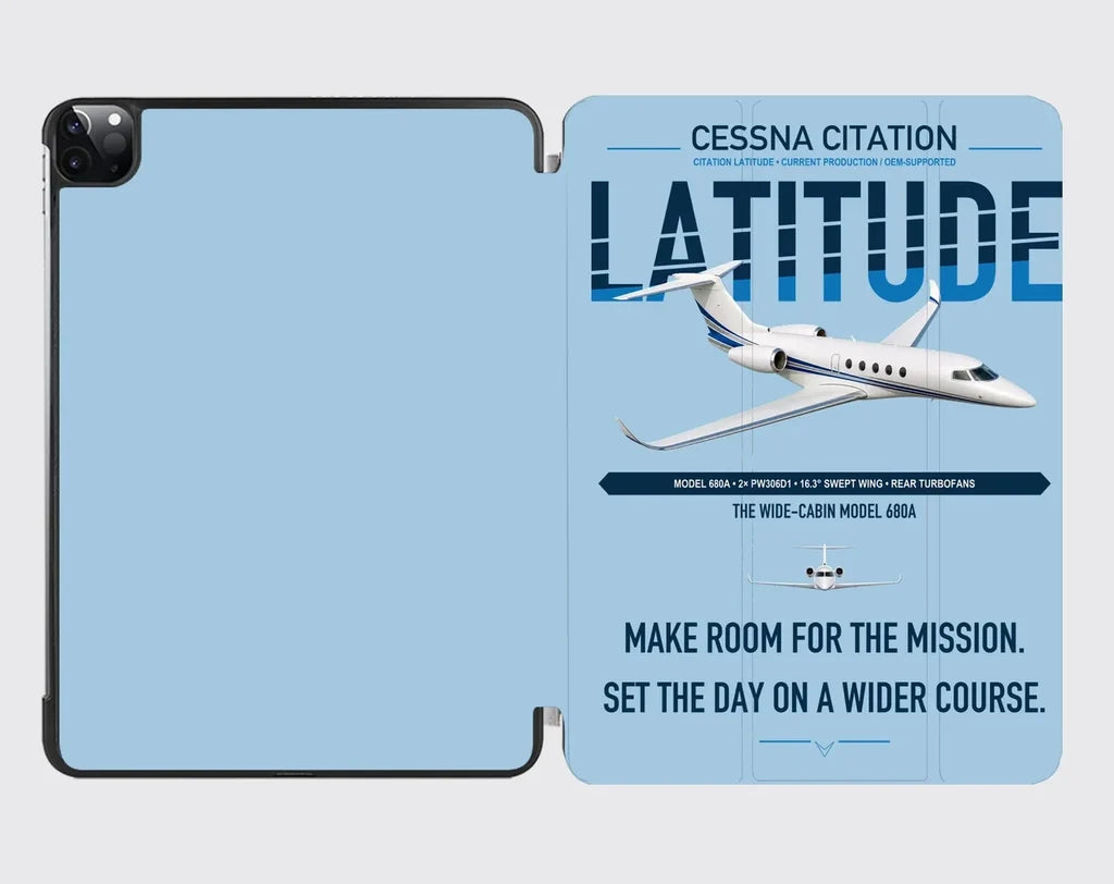 Cessna Citation Latitude design on light blue ipad tablet case