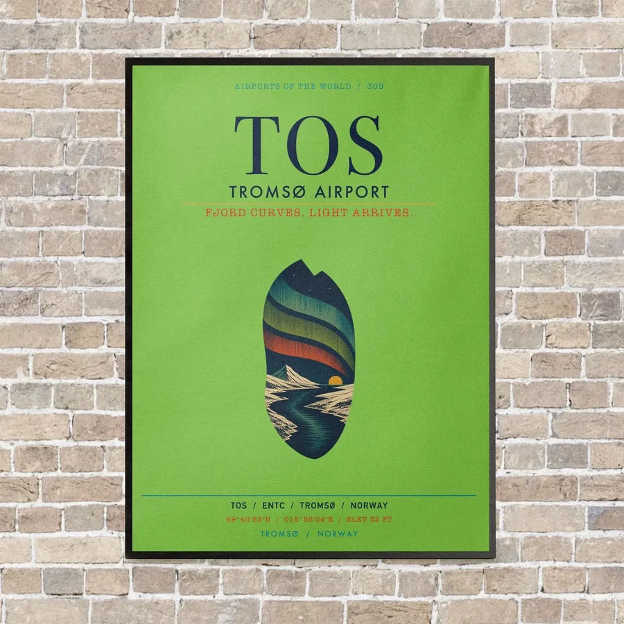 Tromsø Airport TOS vertical canvas print - framed - light green background