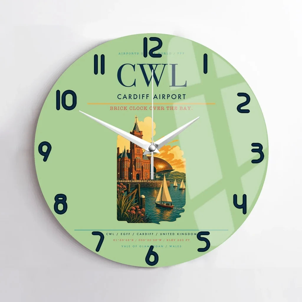 Cardiff Airport (CWL) design on light green no frame wall clock