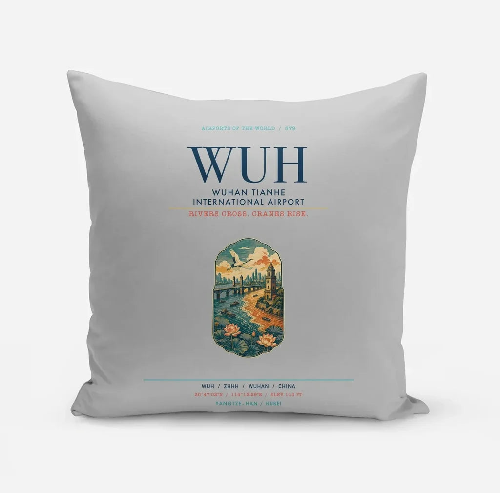 Wuhan Tianhe International Airport (WUH) design on light gray pillow