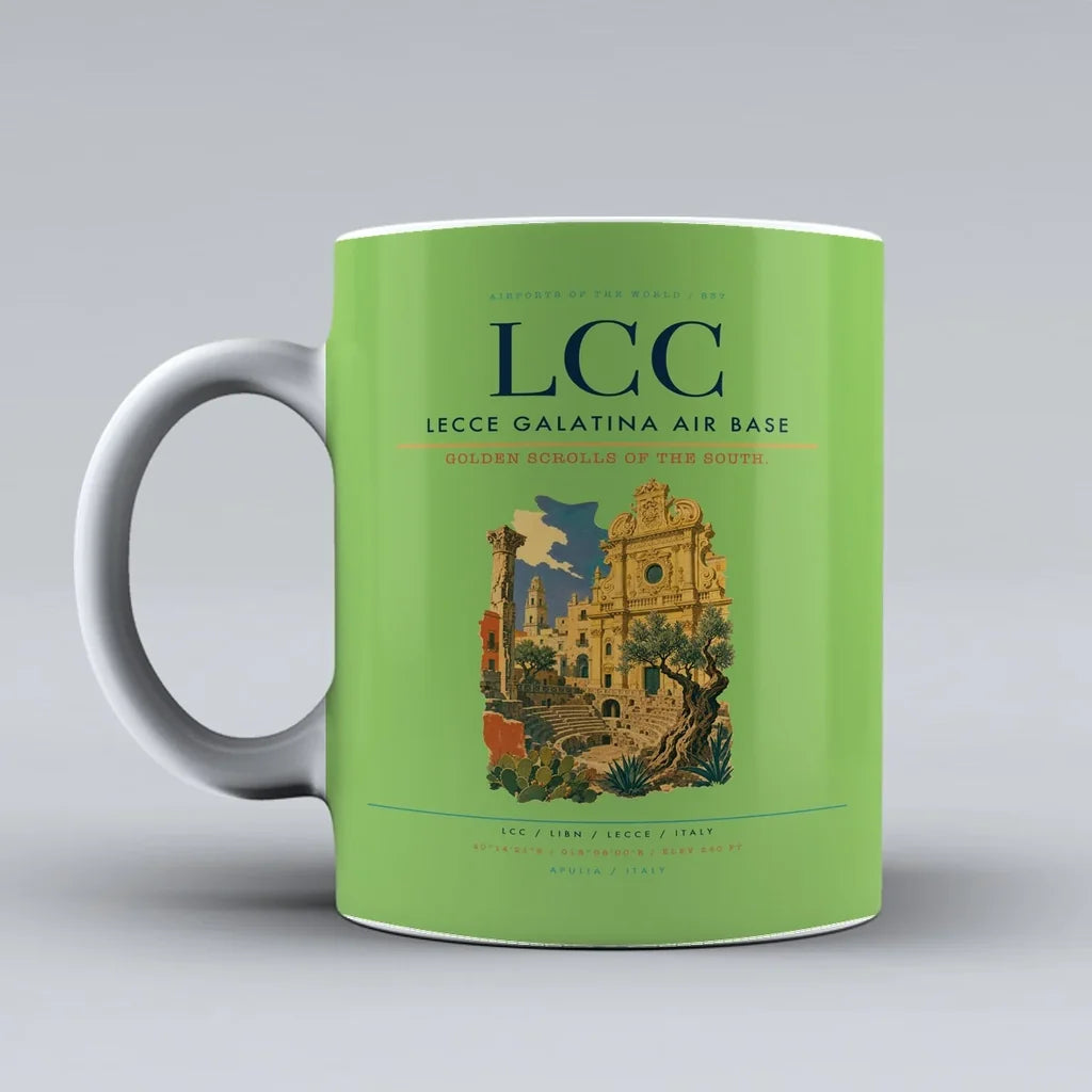 Lecce Galatina Air Base (LCC) airport code design on light green ceramic mug