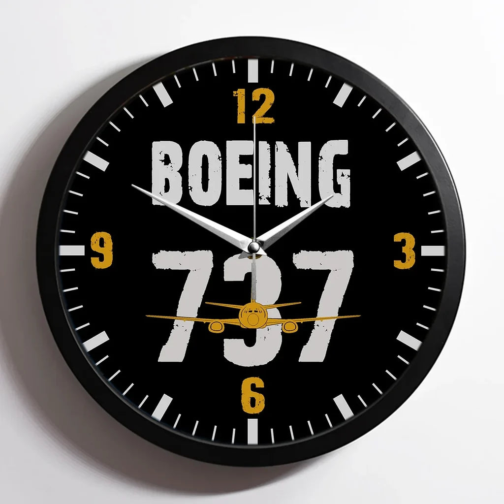 Boeing 737 aviation design on premium wood and metal wall clock.