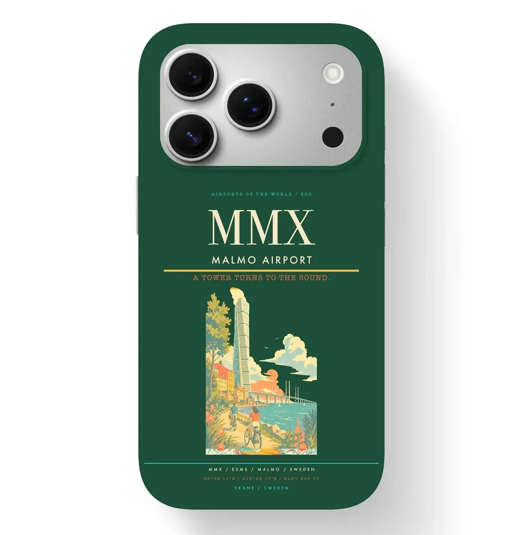 Malmo Airport (MMX) design on dark green iPhone 17 Pro MagSafe case