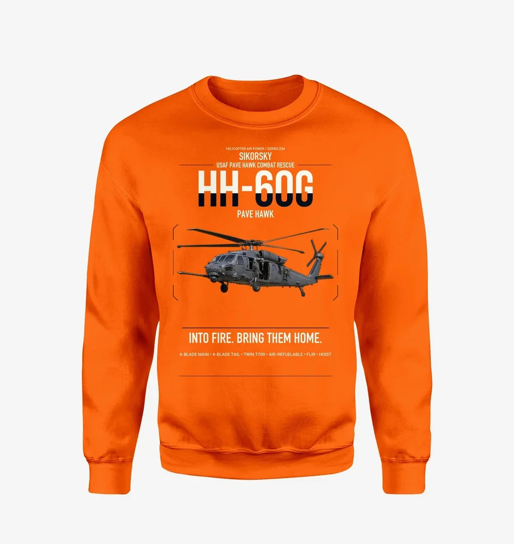 Sikorsky HH-60G Pave Hawk design on orange sweatshirt