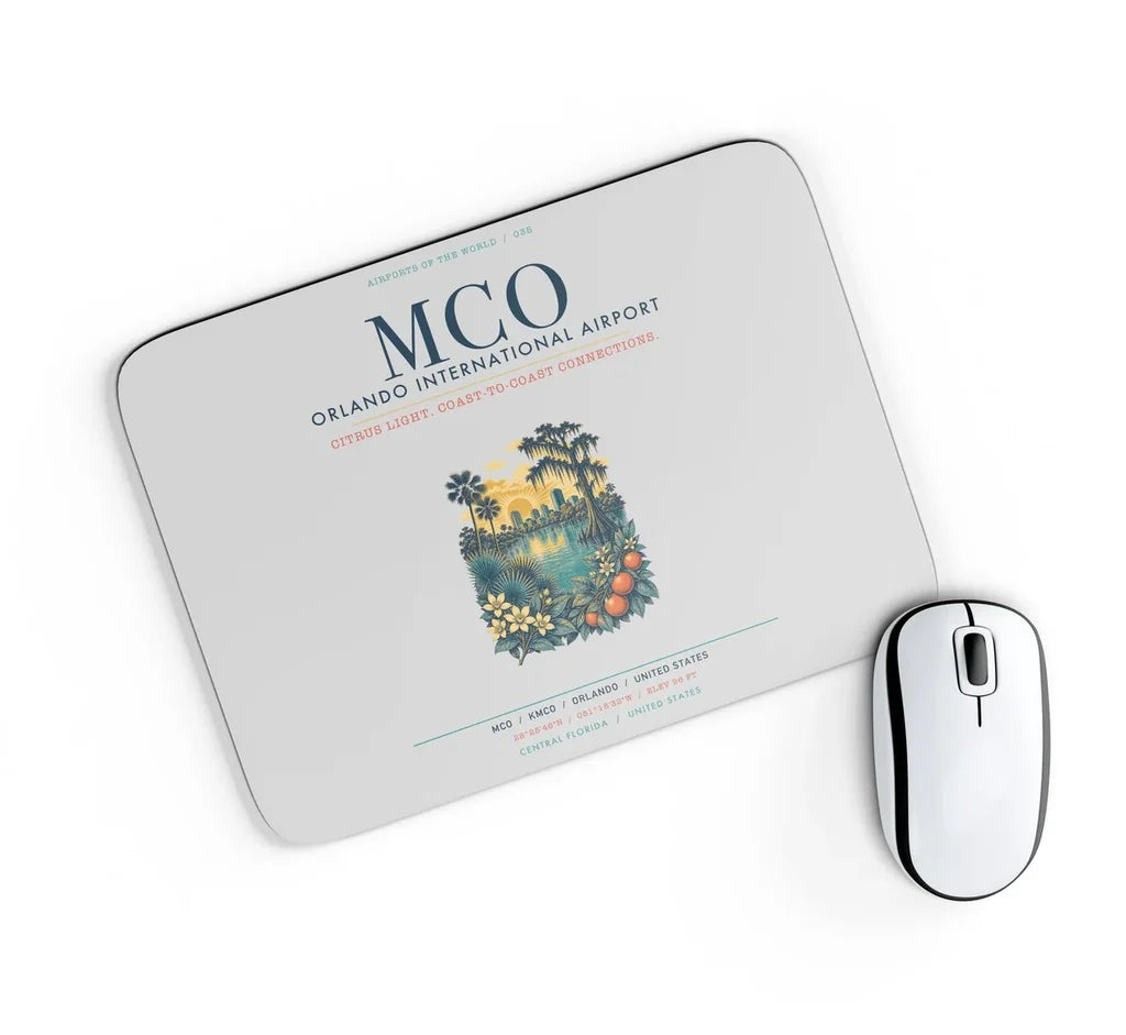 Orlando International Airport (MCO) design on light gray rectangle mouse pad