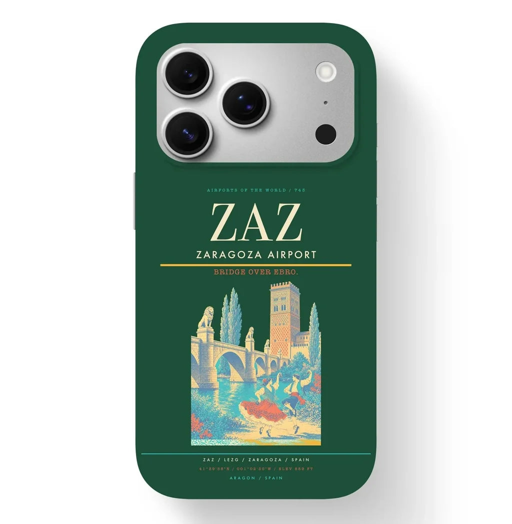 Zaragoza Airport (ZAZ) design on dark green iPhone 17 Pro MagSafe case