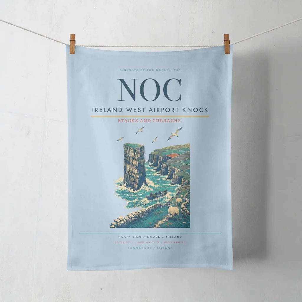 Ireland West Airport Knock (NOC) design on light blue towel