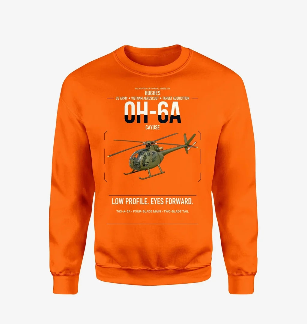 Hughes OH-6A Cayuse design on orange sweatshirt