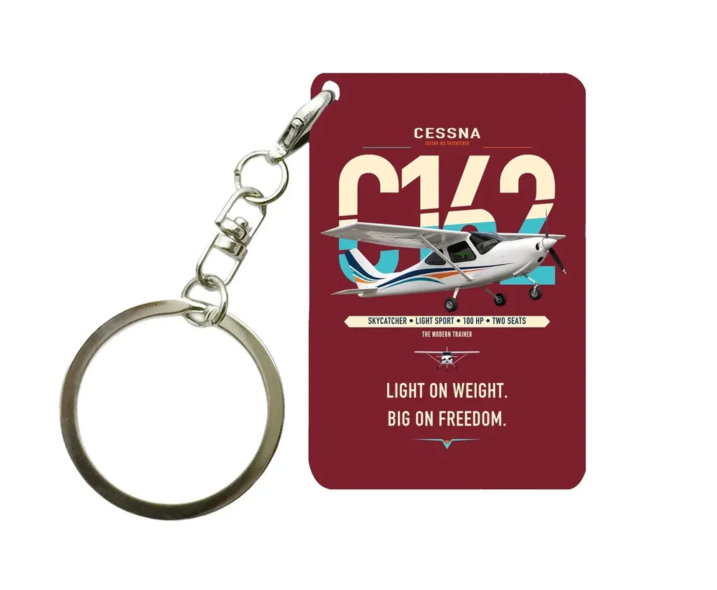 Cessna 162 Skycatcher design on dark red designed key chain, double-side print