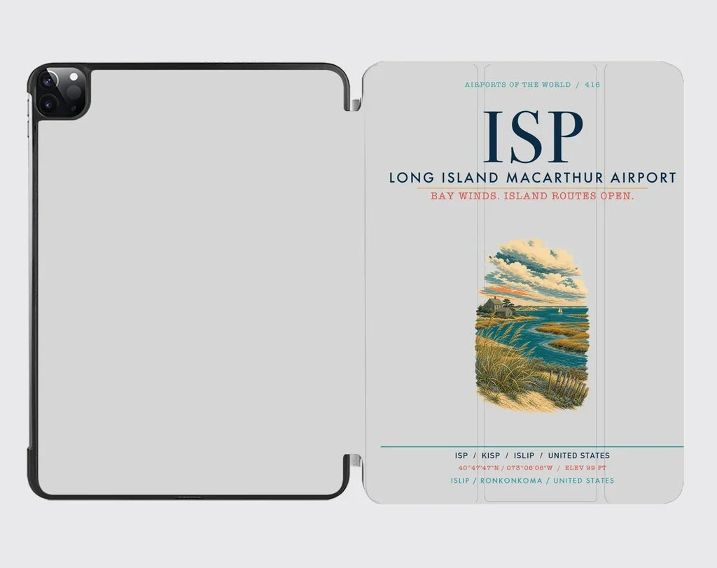 Long Island MacArthur Airport (ISP) design on light gray ipad tablet case