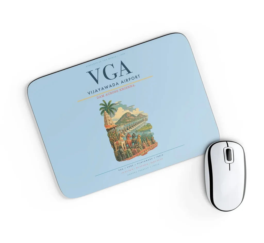 Vijayawada Airport (VGA) design on light blue rectangle mouse pad