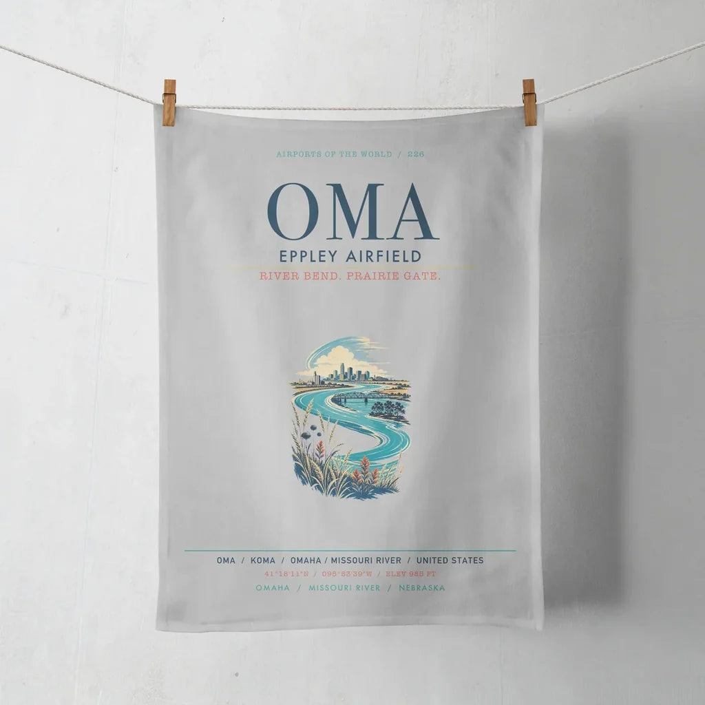 Omaha Eppley Airfield (OMA) design on light gray towel