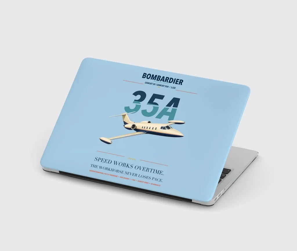 Bombardier Learjet 35A design on light blue MacBook case