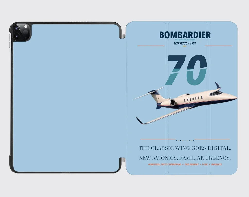 Bombardier Learjet 70 design on light blue ipad tablet case