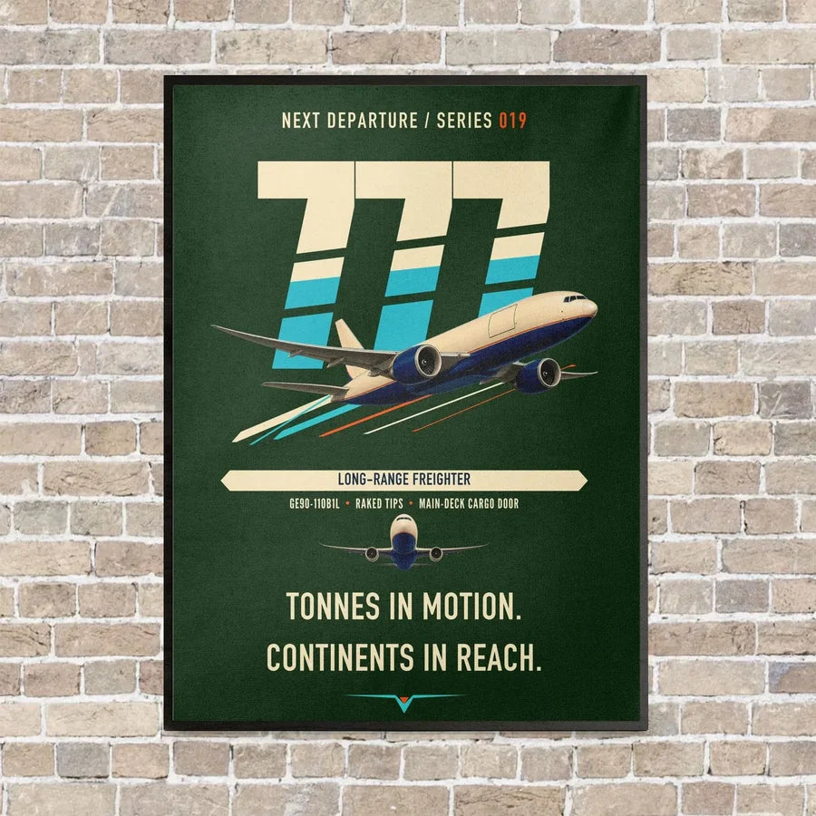 Boeing 777F vertical canvas print - framed - dark green background